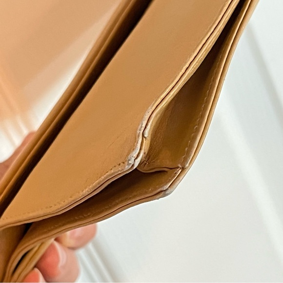 Vintage Italian Leather Double Flap Clutch Bag Caramel Brown Gold Chain 90s Luxe - Picture 8 of 12